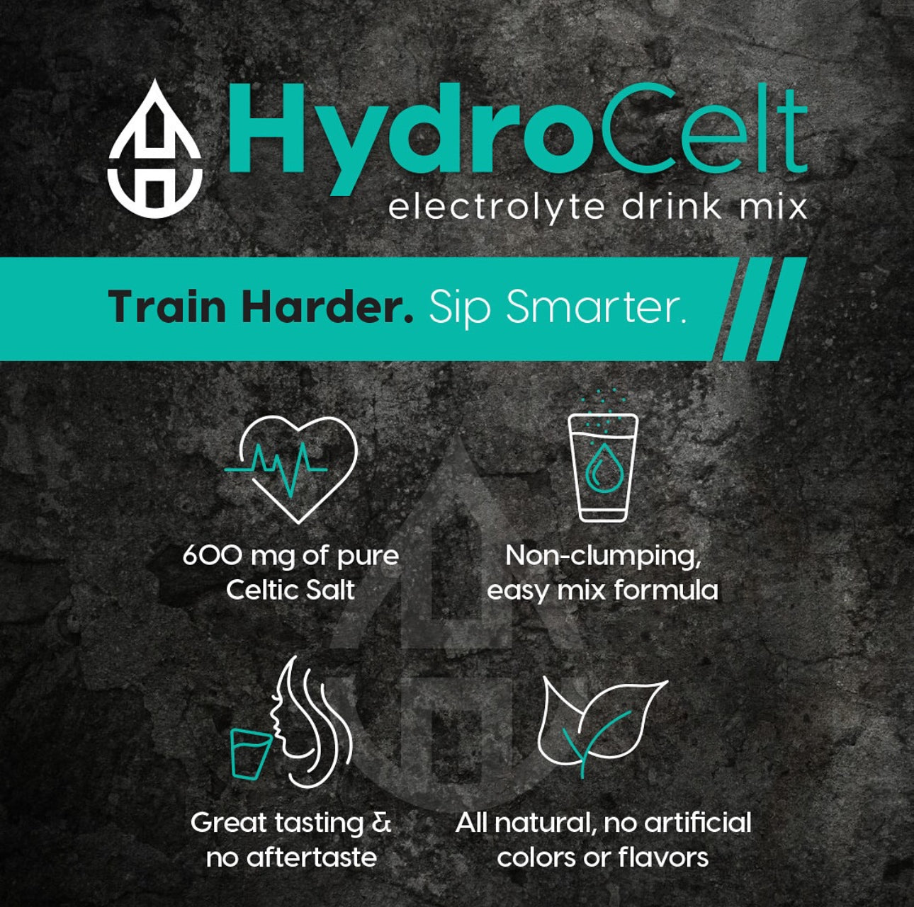 HydroCelt electrolyte drink mix advertisement with features on a dark background